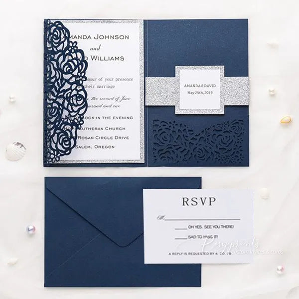 navy blue and silver glitter pocket wedding invitations ROSYP39 - Rosy Prints