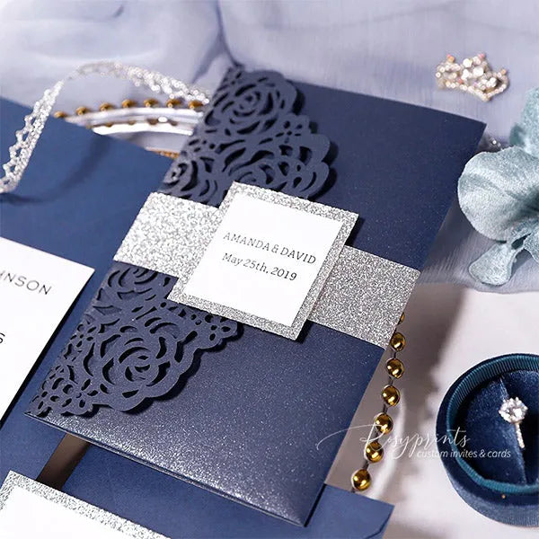 navy blue and silver glitter pocket wedding invitations ROSYP39 - Rosy Prints