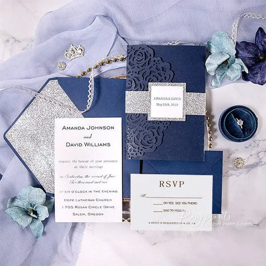 navy blue and silver glitter pocket wedding invitations ROSYP39 - Rosy Prints