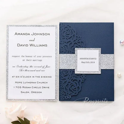 navy blue and silver glitter pocket wedding invitations ROSYP39 - Rosy Prints