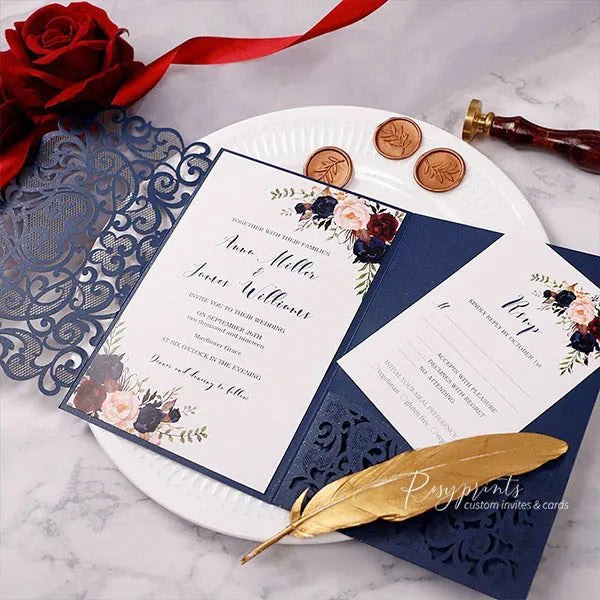 navy blue, burgundy and pink rustic flower wedding invitations ROSYP58