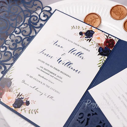 navy blue, burgundy and pink rustic flower wedding invitations ROSYP58