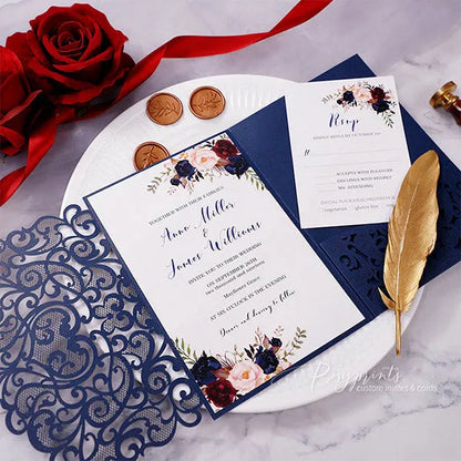 navy blue, burgundy and pink rustic flower wedding invitations ROSYP58