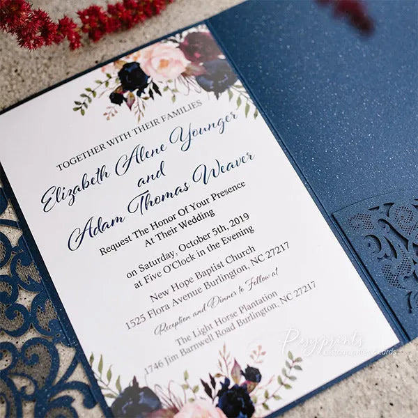 navy blue, burgundy and pink rustic flower wedding invitations ROSYP58