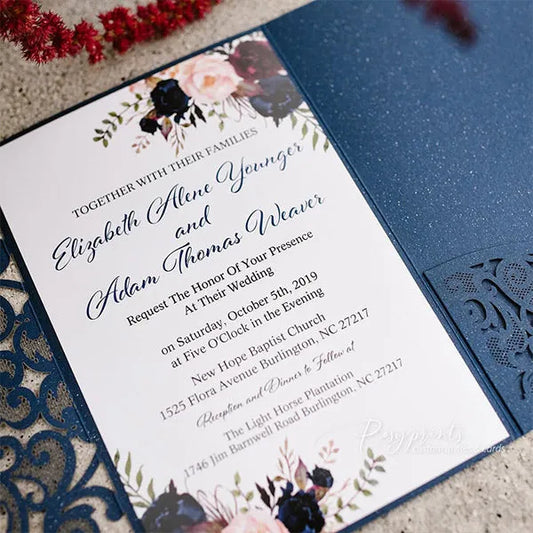 navy blue, burgundy and pink rustic flower wedding invitations ROSYP58 - Rosy Prints