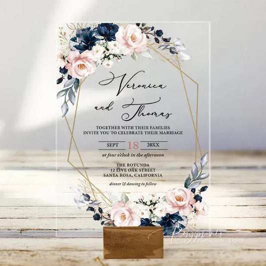 navy blue and pink acrylic wedding invitations ROSYA35 - Rosy Prints