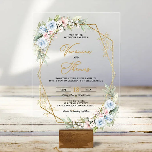 pastel blue pink floral acrylic wedding invitations ROSYA71