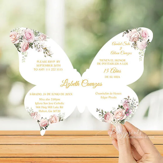 blush pink and gold butterfly quinceanera cards RPS44 - Rosy Prints