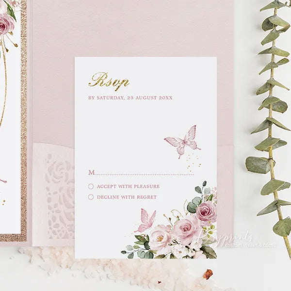 pink rose gold butterfly quinceanera invitations ROSYP25