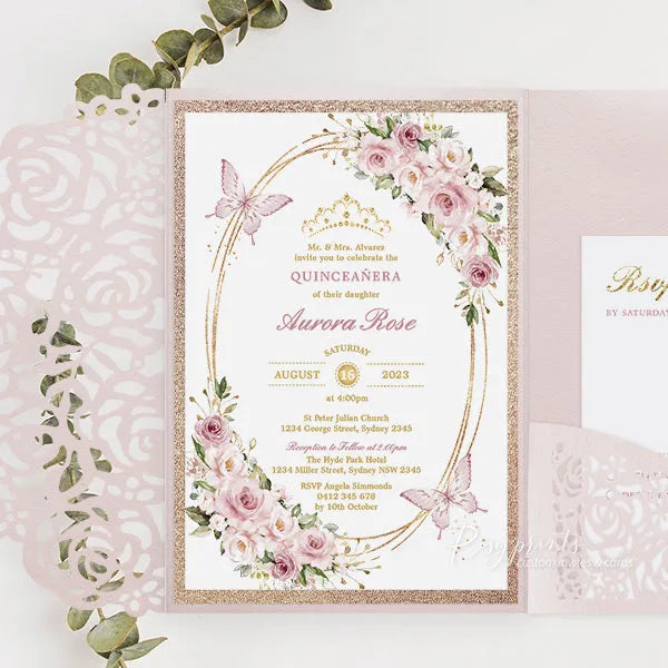 pink rose gold butterfly quinceanera invitations ROSYP25