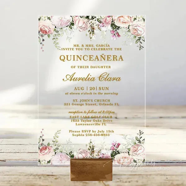 pink flower Quinceanera acrylic invitations ROSYA05