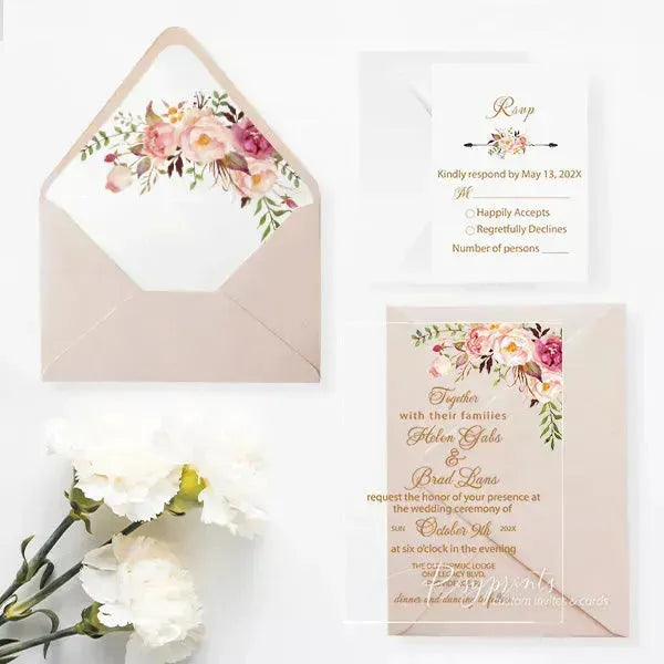 pink floral clear acrylic wedding invitations ROSYA10 - Rosy Prints