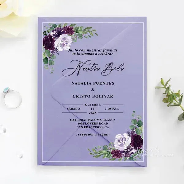 plum purple flowers acrylic wedding invitations ROSYA44 - Rosy Prints