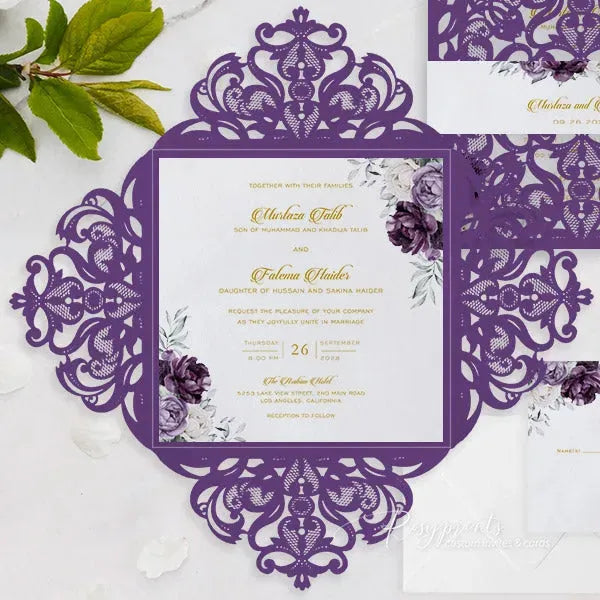 moody dark purple floral wedding invitations ROSYP16