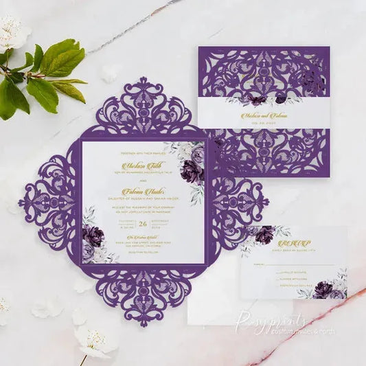 moody dark purple floral wedding invitations ROSYP16 - Rosy Prints