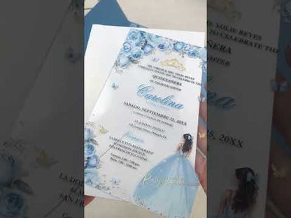 blue cinderella clear acrylic quince invitations ROSYA54