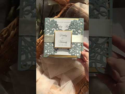 dusty blue wedding invitations with gold liners