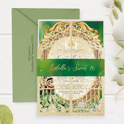 green and gold tiana birthday invitations princess and the frog ROSG32 - Rosy Prints