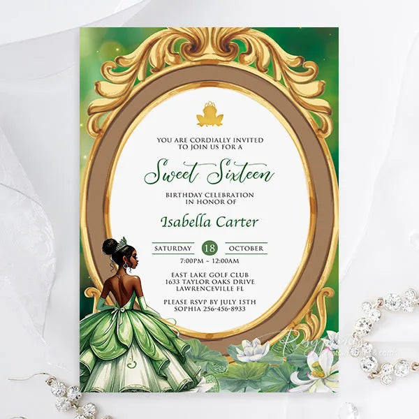 green and gold tiana birthday invitations princess and the frog ROSG32 - Rosy Prints