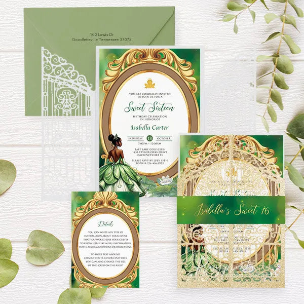 green and gold tiana birthday invitations princess and the frog ROSG32 - Rosy Prints