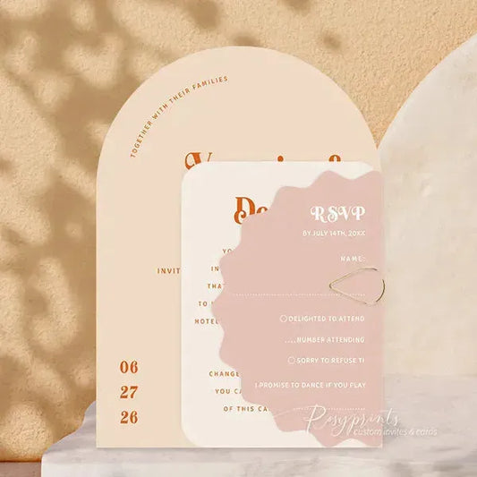 Vintage retro 70s terracotta arch wedding invitation RPS17