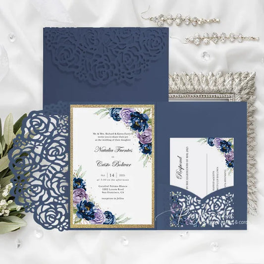 navy blue and purple wedding invitations with gold glitter ROSYP29