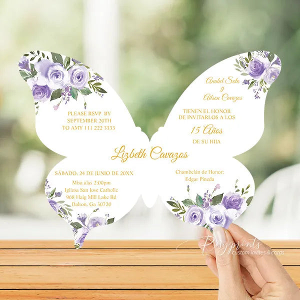 purple and gold butterfly theme birthday invitation RPS46