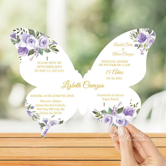 purple and gold butterfly theme birthday invitation RPS46 - Rosy Prints