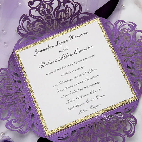 purple and gold glitter pocket wedding invitations