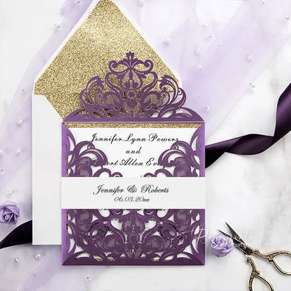 purple and gold glitter pocket wedding invitations