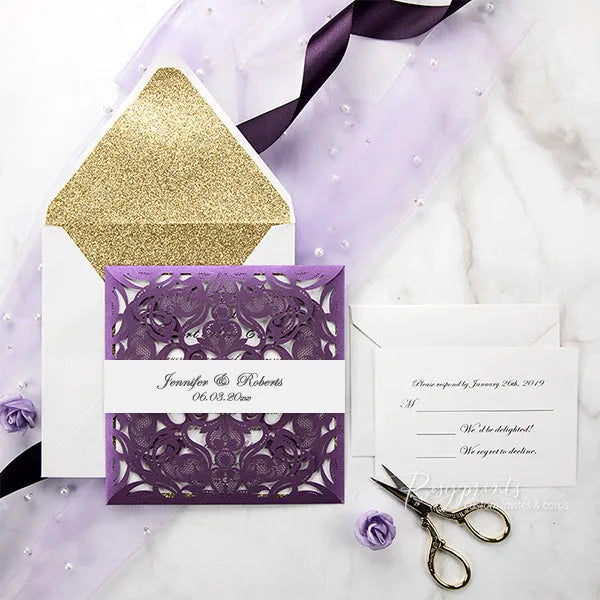 purple and gold glitter pocket wedding invitations