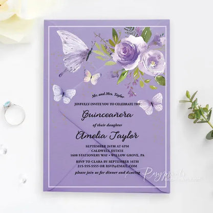 purple butterfly clear acrylic Quince invitations ROSYA56 - Rosy Prints