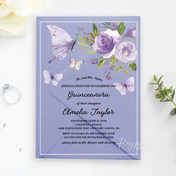 purple butterfly clear acrylic Quince invitations ROSYA56 - Rosy Prints