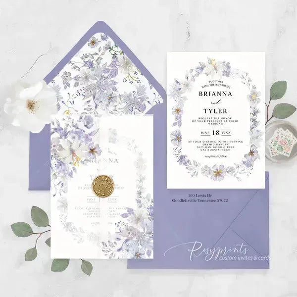 purple wildflower vellum wedding invitations ROSYV09 - Rosy Prints