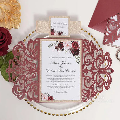 burgundy red and gold rustic floral wedding invitations ROSYG29