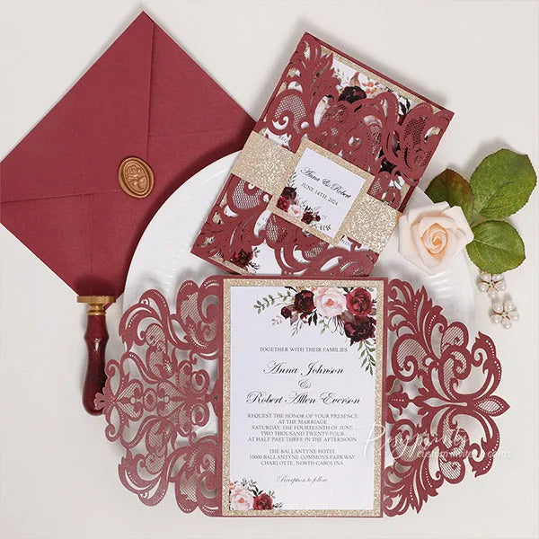 burgundy red and gold rustic floral wedding invitations ROSYG29