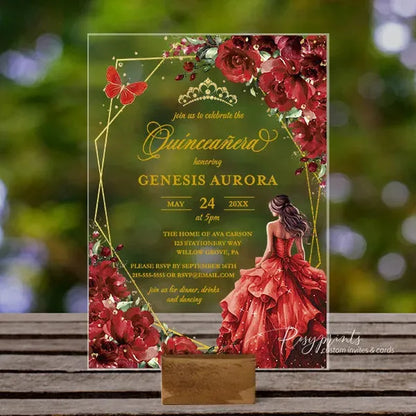 red floral acrylic quinceanera invitations ROSYA40 - Rosy Prints