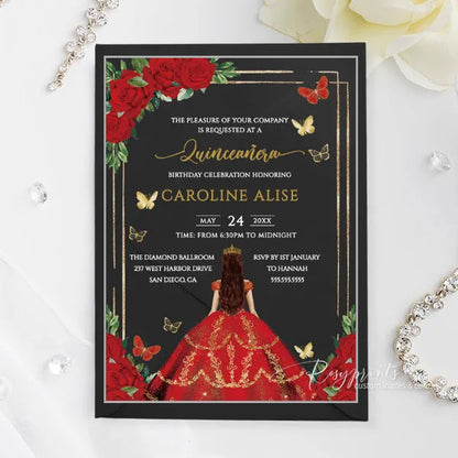 red and gold butterfly acrylic quince invitations ROSYA88