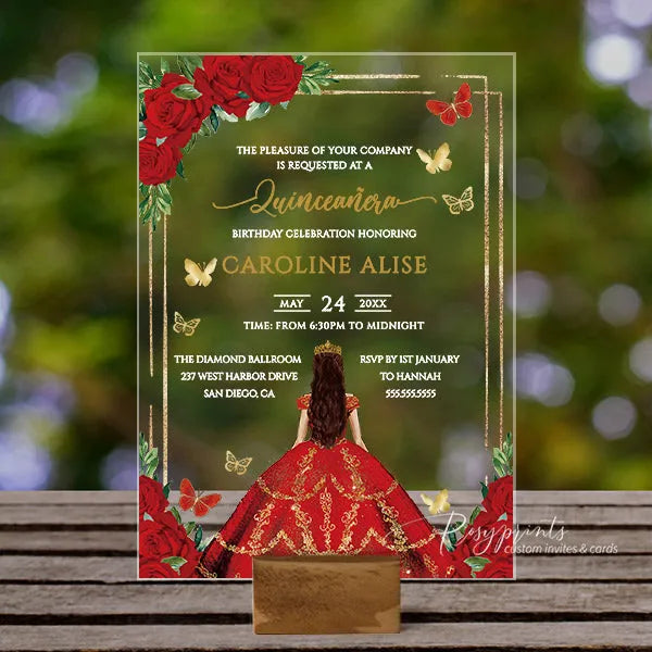 red and gold acrylic sweet 16 quince invitations ROSYA88