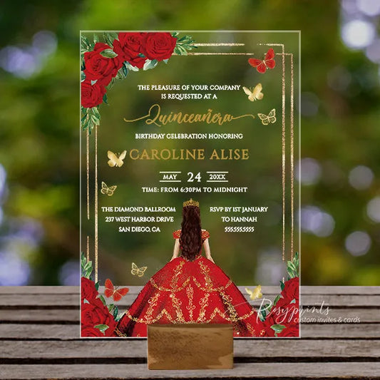 red and gold butterfly acrylic quince invitations ROSYA88 - Rosy Prints