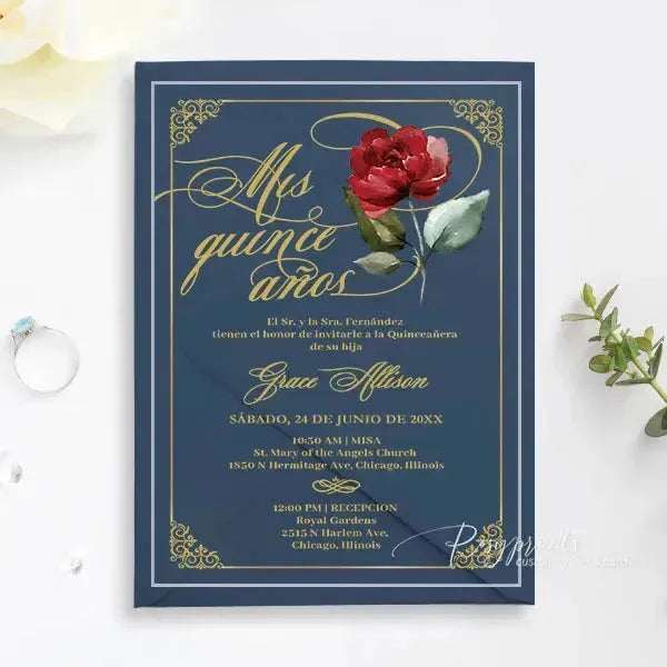 red and gold acrylic mis quince anos invitations ROSYA62