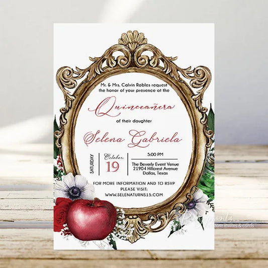 red apple gold mirror snow white Quinceanera invitations RPS35 - Rosy Prints