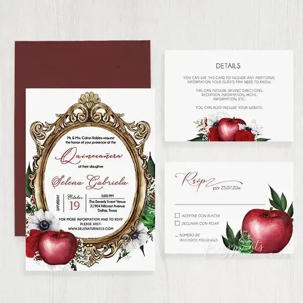 red apple gold mirror snow white Quinceanera invitations RPS35 - Rosy Prints