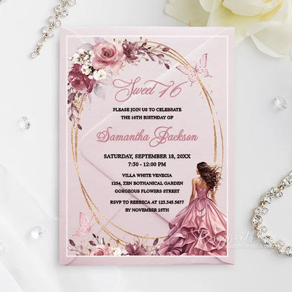 dusty pink rose gold acrylic sweet 16 invitations ROSYA89