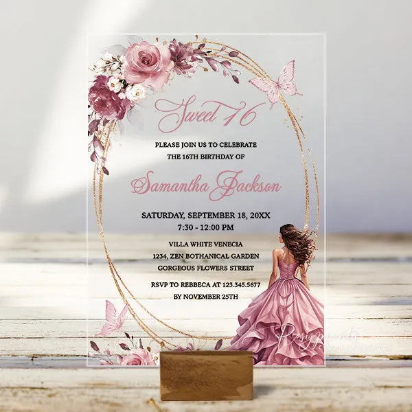 dusty pink rose gold acrylic quinceanera invitations ROSYA89