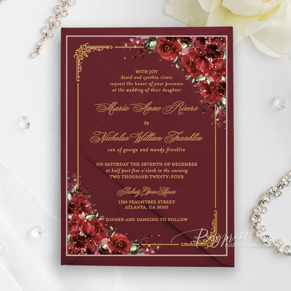 elegant red and gold acrylic wedding invitations