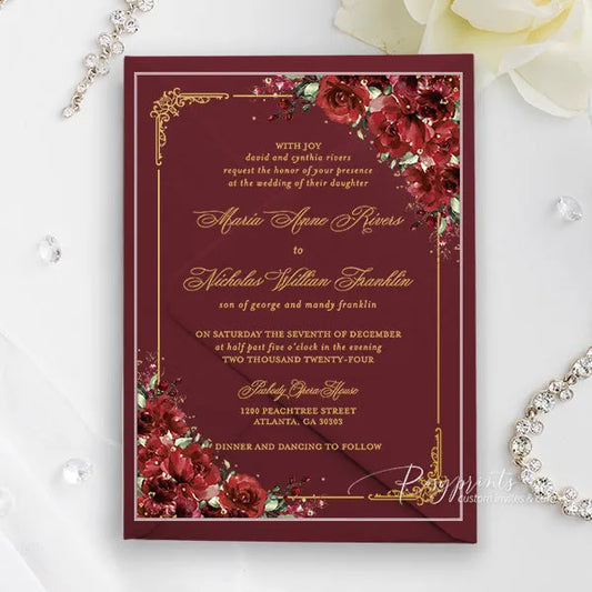 elegant red and gold acrylic wedding invitations