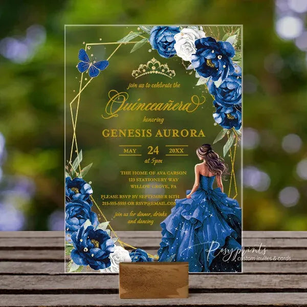 royal blue and gold acrylic quinceanera invitations ROSYA41 - Rosy Prints