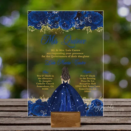 royal blue and gold acrylic quinceanera invitations ROSYA52