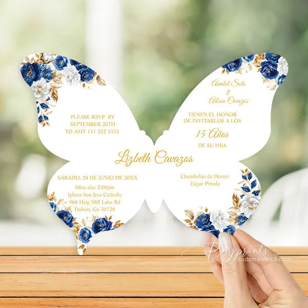 royal blue and gold butterfly invitations for birthdays RPS43